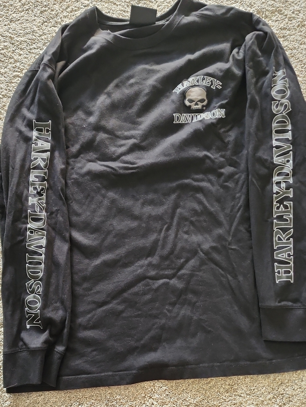 Harley-Davidson Black Long Sleeve Skull Logo Tee with Sleeve Script
